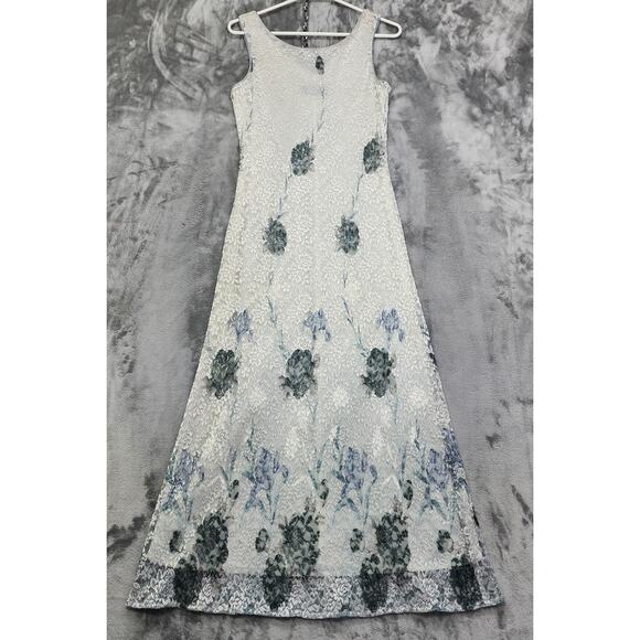 Vintage 90s Connected Apparel Dress Womens 6 White Blue Floral Ombre Lace Maxi - Picture 1 of 7